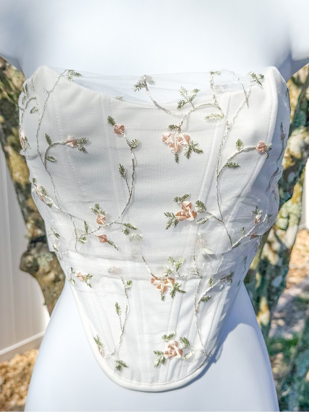 Womens White Embroidered Corset Tube Top Floral Mesh XS S